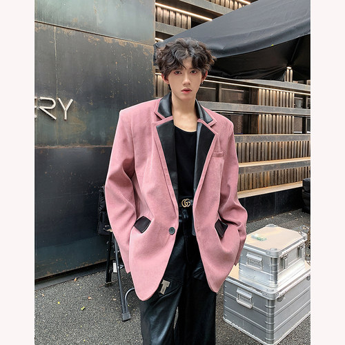 秋装韩版撞色PU拼皮设计垫肩西装外套男高级感樱花粉休闲西服上衣