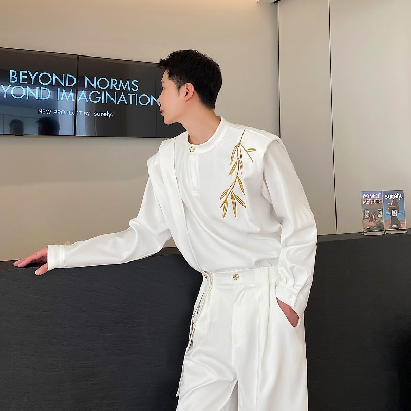 가을 새로운 중국 스타일 대나무 잎 자수 디자인 틈새 잘 생긴 셔츠 남성 정장 스탠드 칼라 하이 엔드 스트레이트 바지