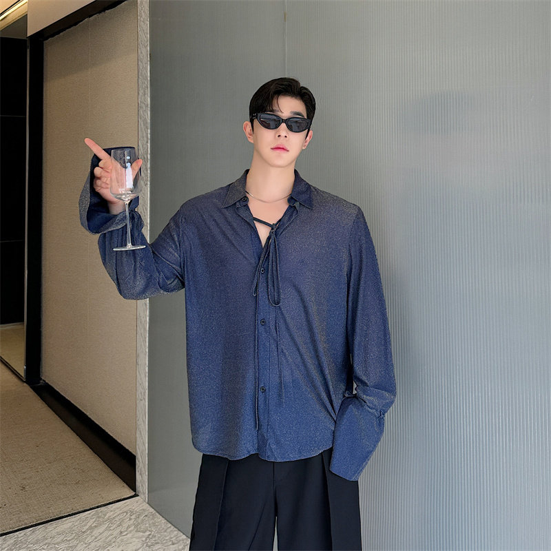 早秋吸睛重工闪钻轻薄绑带长袖衬衫亮闪闪垂感设计感网红小众衬衣