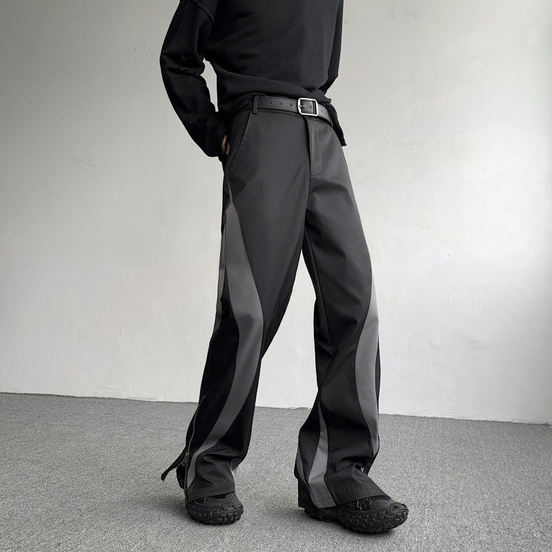 秋季设计感拼接流线弧形拉链微喇西裤美式复古拼色直筒垂感阔腿