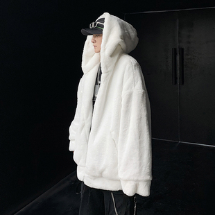 秋冬款韩版仿兔毛加厚保暖羊羔毛棉衣外套男女慵懒宽松连帽毛绒绒