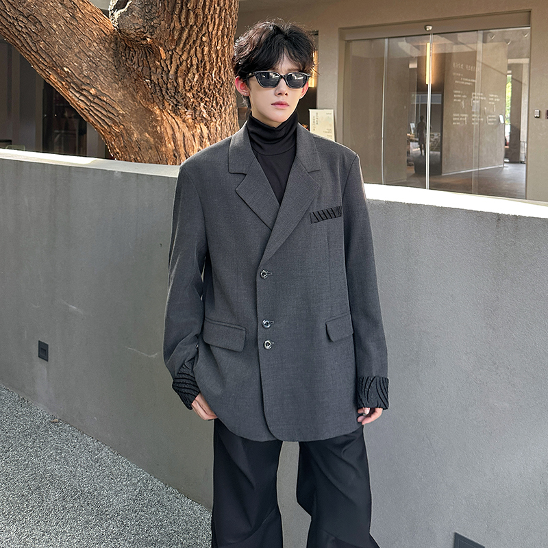 春秋垫肩老钱风休闲西装外套男高级感痞帅拼接廓形西服伴郎礼服男