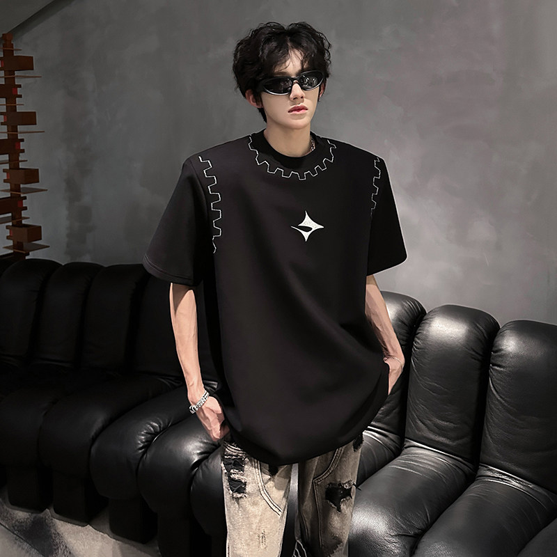 夏季垫肩小众结构设计感短袖T恤男重磅上衣美式高级感痞帅半袖t恤