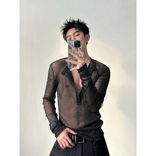 DS流光闪粉镂空长袖T恤亨利领紧身透视装上衣男演出舞台装歌手dj