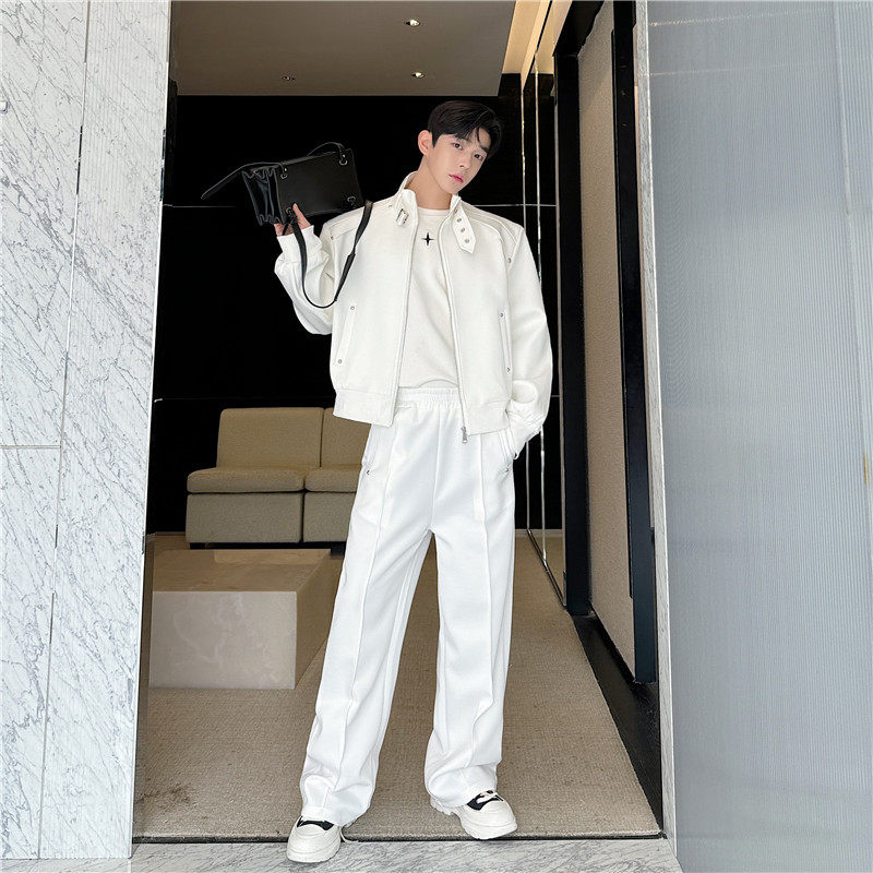 高级感休闲立领拉链开衫卫衣套装男运动帅气设计感直筒裤两件套潮