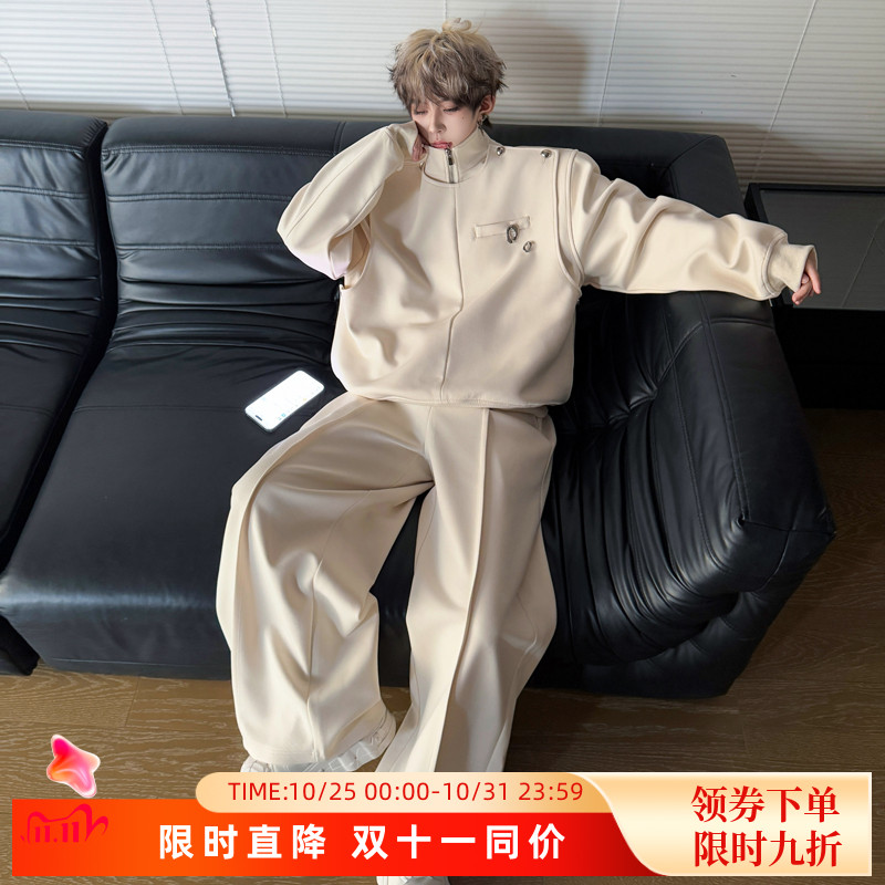 小众金属扣装饰立领垫肩卫衣套装男休闲穿搭慵懒风网红阔腿卫裤潮