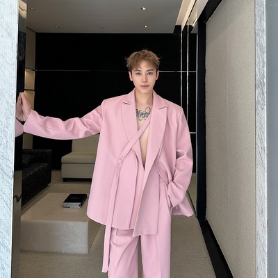 春装韩国时尚洋气小众粉色双领绑带设计西服套装男阔腿西裤两件套