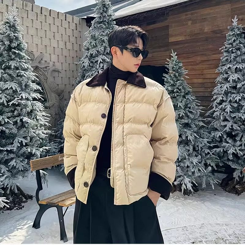 2024冬装韩版撞色拼接灯芯绒翻领单排扣棉衣棉服男外套加厚高级感