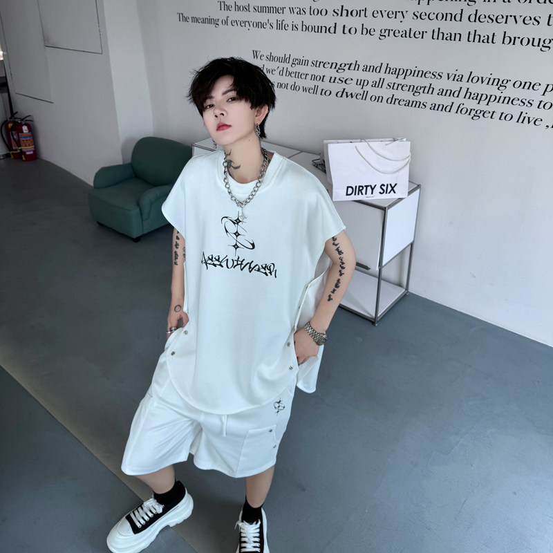 夏装美式高街小众字母印花坎肩无袖背心男套装休闲运动短裤两件套