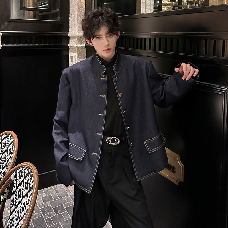 秋季小众解构设计感垫肩牛仔夹克外套男短款高级感新中式西服时尚