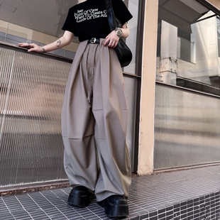 男装 韩系显瘦长裤 阔腿裤 伞兵裤 宽松设计感坠感休闲裤 褐色垂感西裤