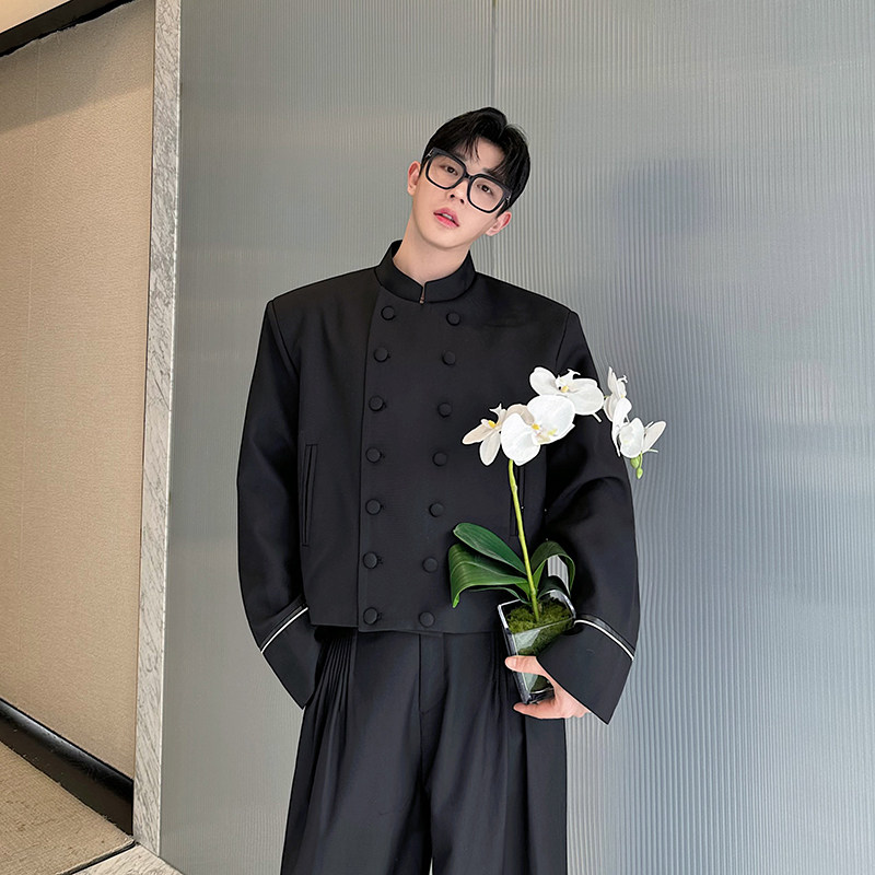 春秋黑色中式立领双排扣夹克外套男短小众痞帅西装任嘉伦同款上衣