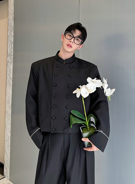 春秋黑色中式立领双排扣夹克外套男短小众痞帅西装任嘉伦同款上衣