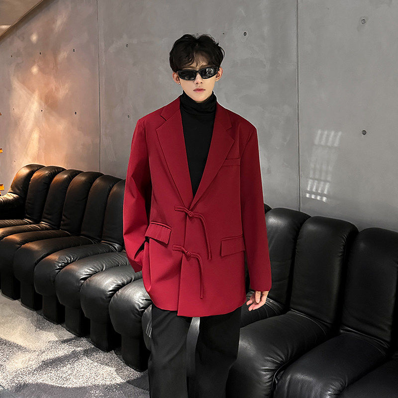 春秋复古中长款中式盘扣翻领小西装外套男模酒吧酒红色宽松西服潮