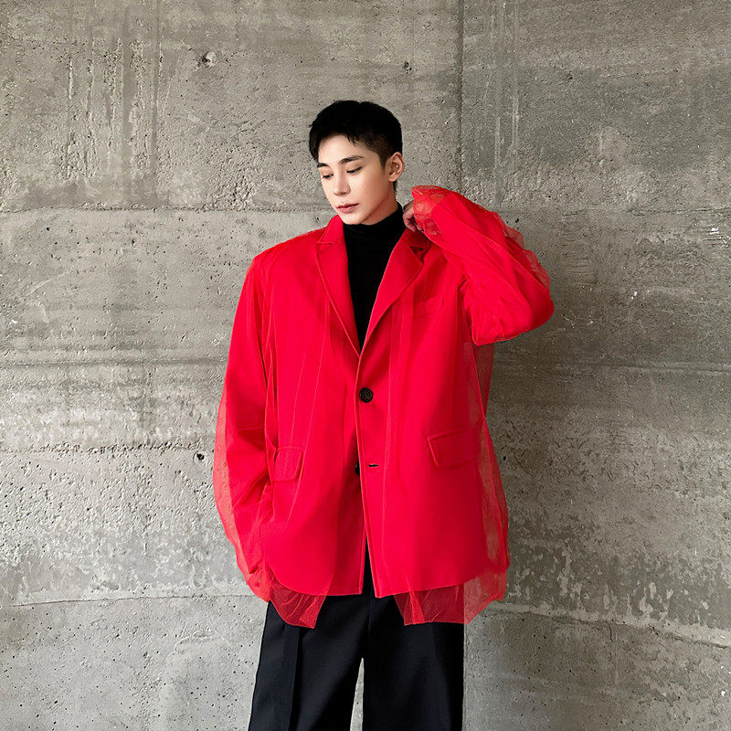 小众设计师双层网纱拼接红色西服外套男气质雅痞高级感演出舞台装,男装,休闲西服,淘宝优惠券,粉丝福利购,淘宝优惠卷