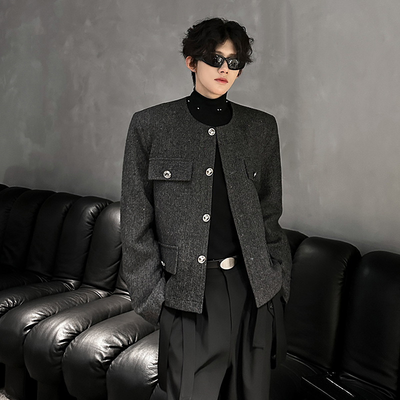 秋冬复古老钱风垫肩轻奢毛呢外套男小香风设计高级感呢子西服夹克