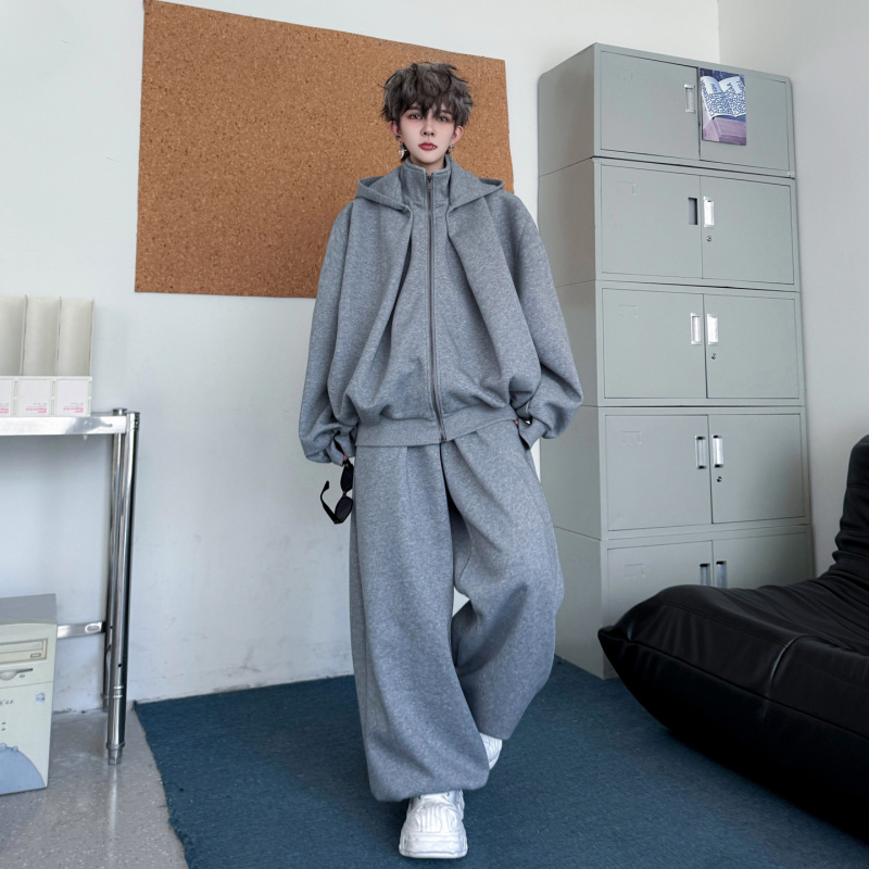 2025秋装小众活褶结构连帽假两件开衫卫衣男套装阔腿长裤两件套潮
