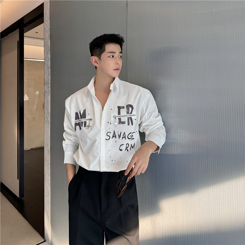 春夏小众拉链装饰字母印花痞帅衬衣男长袖韩版设计感网红衬衫上衣