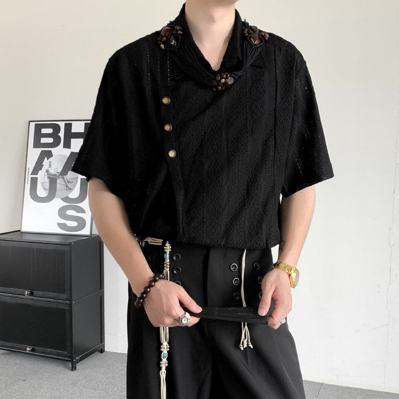 夏装复古新中式绑带暗纹暗黑风镂空短袖衬衫国潮风痞帅设计感衬衣
