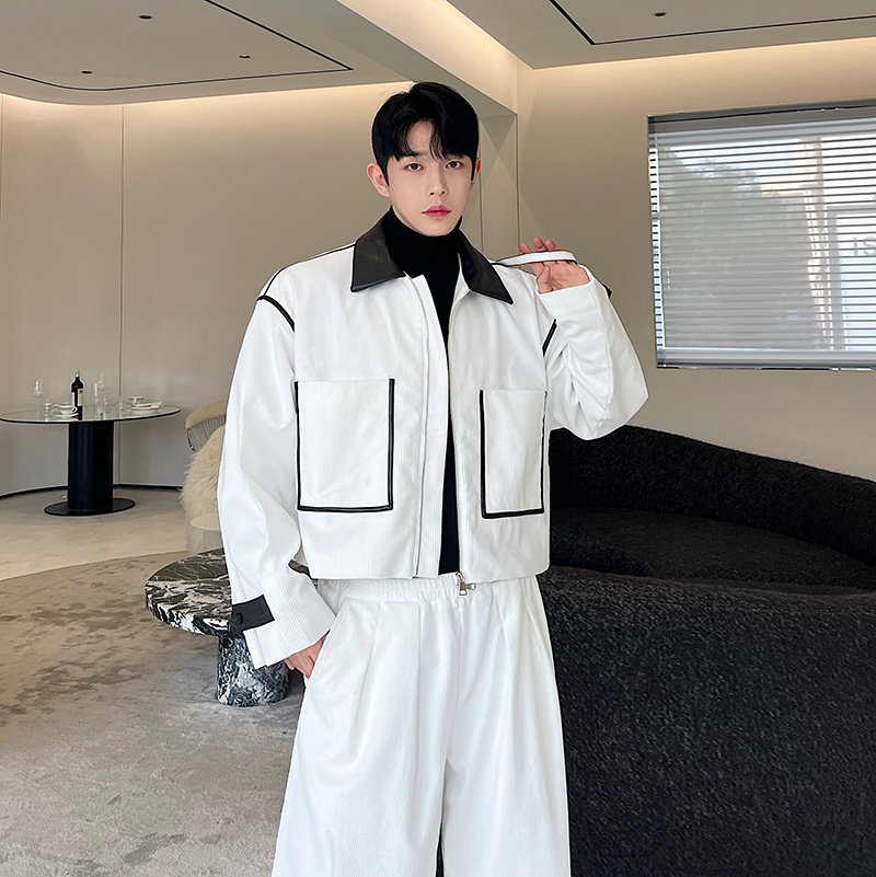 가을 겨울 한국 스타일 디자인 대비 색상 가죽 짧은 재킷 남성 정장 하이 패션 와이드 레그 팬츠 투피스 세트