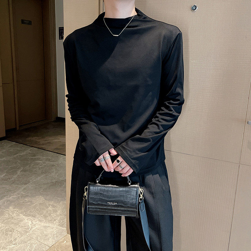 秋季高克重重磅痞帅交叉领长袖T恤男正肩内搭上衣纯棉穿搭打底衫