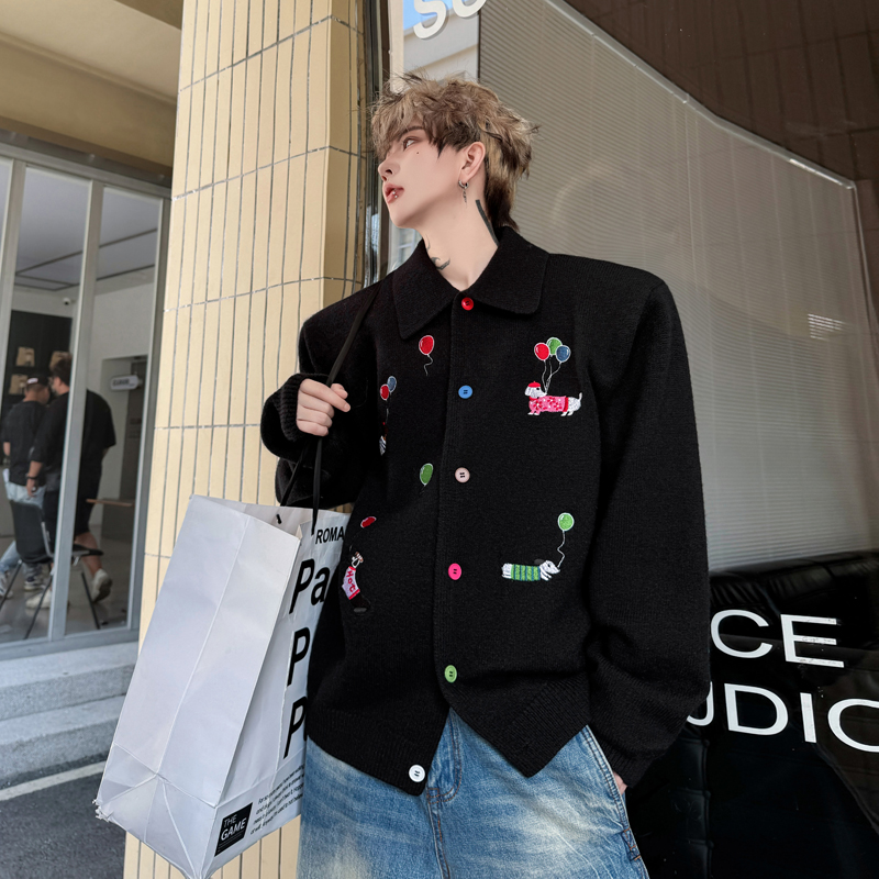 冬装小众童趣动物刺绣设计感开衫毛衣男女情侣加厚痞帅针织衫外套