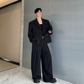 秋装 两件套潮 长裤 小众设计师高级感单扣西装 外套男垂感褶皱阔腿裤