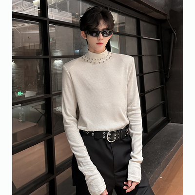 网红镶珍珠垫肩半高领打底衫长袖T恤男修身内搭痞帅小众针织毛衣