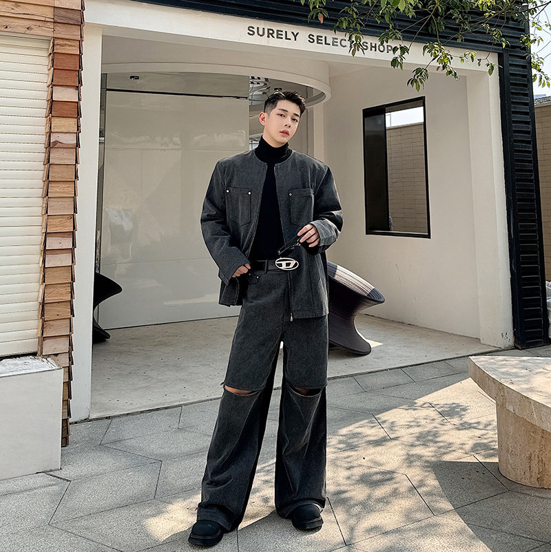 2024 봄 워싱 레트로 데님 코듀로이 스플라이스 칼라리스 재킷 정장 남성 지퍼 와이드 팬츠 투피스 세트
