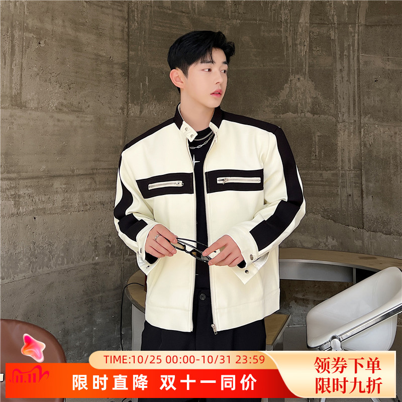 高级感撞色拼接小立领夹克男外套