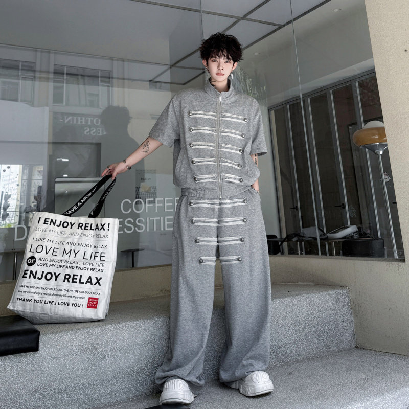 2026夏装小众美式街头休闲运动套装男短袖卫衣开衫搭配阔腿长裤潮