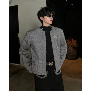 满天星烫钻胸针小香风毛呢外套男英伦风轻奢高级感短西服夹克穿搭