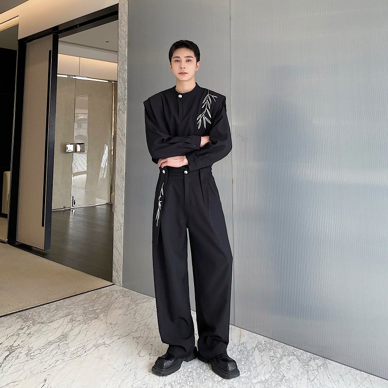 秋季新中式竹叶刺绣设计感小众痞帅衬衣男套装立领高级感直筒西裤