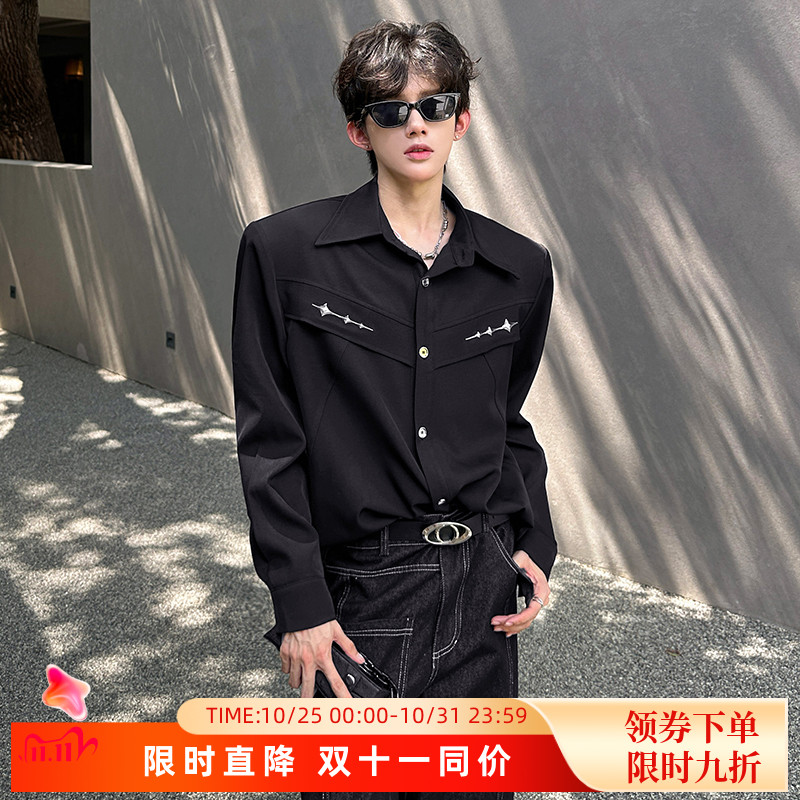 秋季垫肩小众金属解构美式衬衣高级感痞帅廓形潮男模穿搭长袖衬衫