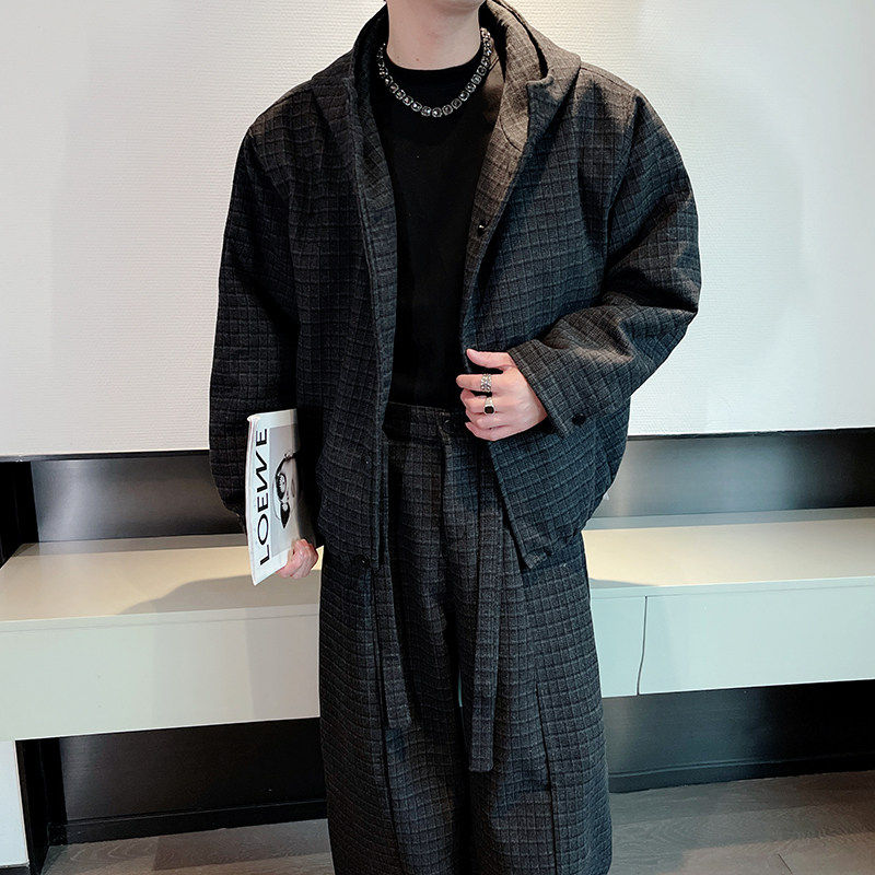 秋冬高级感格纹连帽棉服套装男加厚气质酷帅穿搭一套弯刀长裤套装,男装,时尚套装,淘宝优惠券,粉丝福利购,淘宝优惠卷