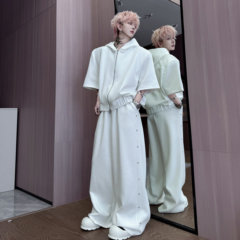 夏装美式重磅廓形连帽短袖开衫卫衣套装男柳钉拖地长裤休闲两件套,男装,时尚套装,淘宝优惠券,粉丝福利购,淘宝优惠卷