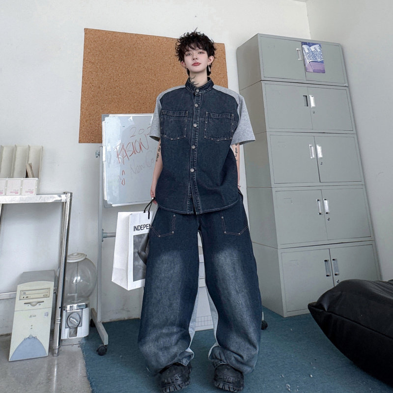 夏季美式街头复古撞色拼接牛仔短袖夹克套装男高级感痞帅阔腿长裤