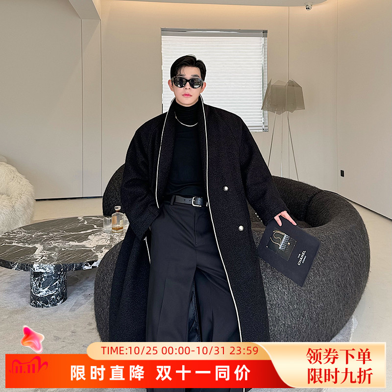 秋冬款小众设计师极简无领双排扣廓形毛呢大衣男长款过膝风衣外套