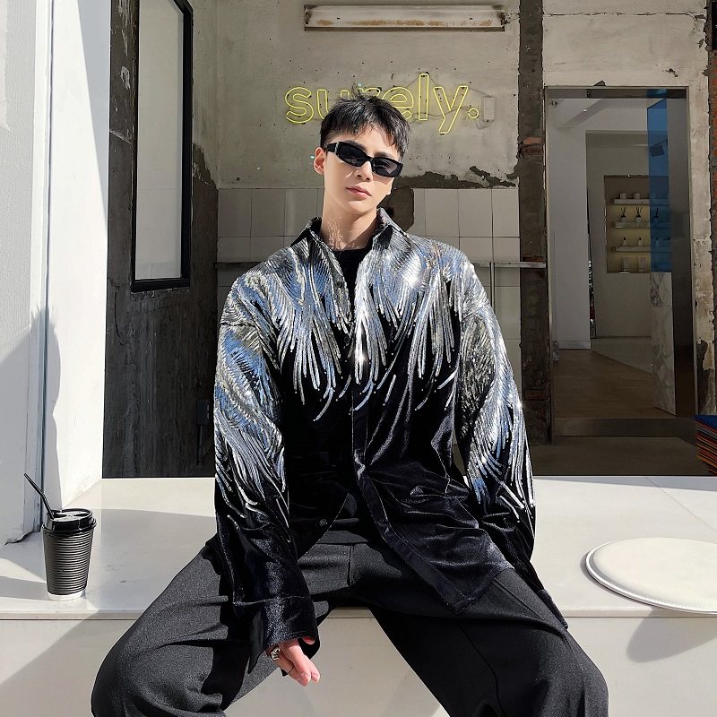 小众设计感炸街上衣刺绣亮片衬衫丝绒时髦气质雅痞个性长袖衬衣潮,男装,衬衫,淘宝优惠券,粉丝福利购,淘宝优惠卷