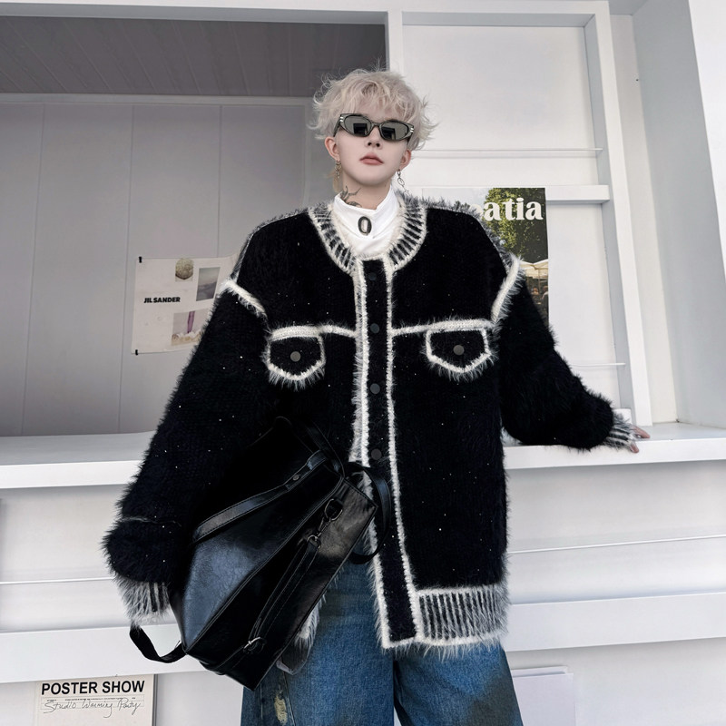 2024冬装设计感提花撞色小香风毛衣外套痞帅慵懒开衫加厚针织上衣