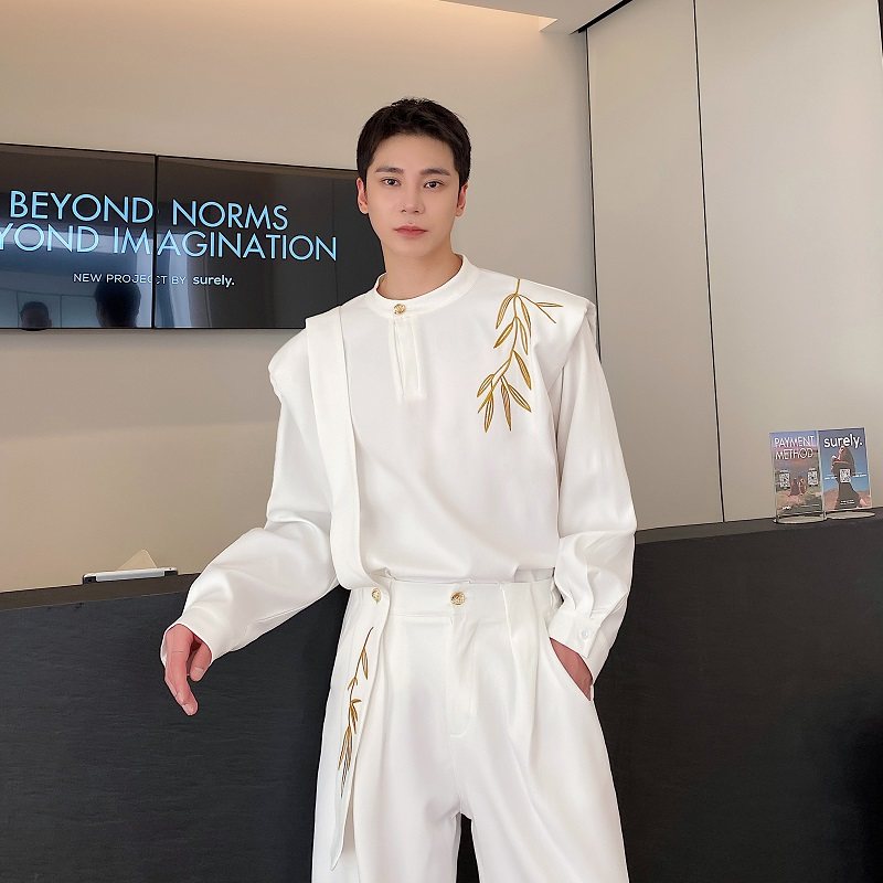 秋季国风刺绣廓肩衬衣男女休闲套装韩版小众高级感直筒裤,男装,其他套装,淘宝优惠券,粉丝福利购,淘宝优惠卷