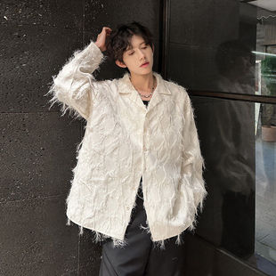 春季小众流苏设计感休闲古巴领衬衫男长袖气质时尚网红舞台装衬衣