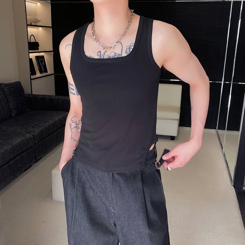 夏季个性方领弹力紧身背心男黑色短款针织无袖坎肩健身显身材打底