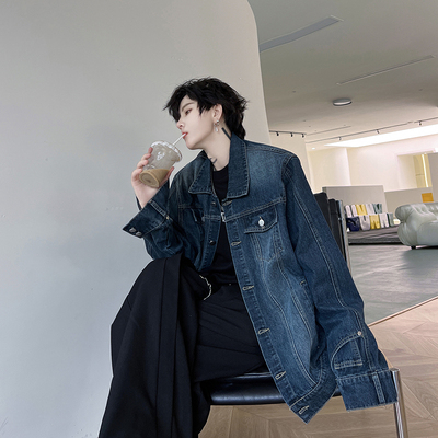 春季韩国复古水洗做旧袖口设计感牛仔夹克男高级感痞帅炸街外套潮