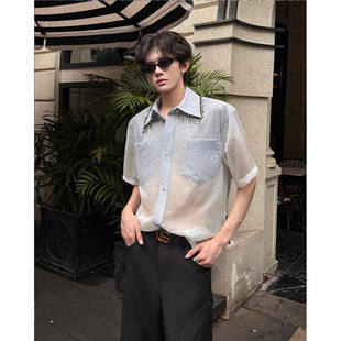 夏季小众设计感渐变仿牛仔流苏网纱串珠短袖衬衫男时尚微透明衬衣