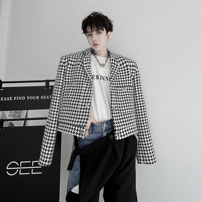 ins网红小香风高级感短款西装外套男女洋气时髦千鸟格垫肩西服潮