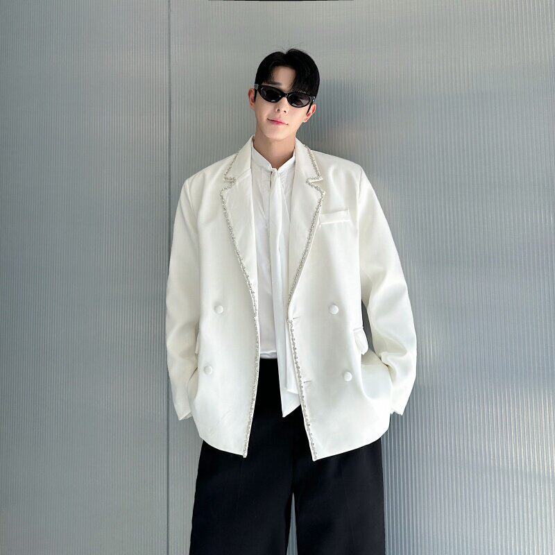 韩版设计师镶钻白色西装男外套网红痞帅高级感双排扣西服礼服轻奢