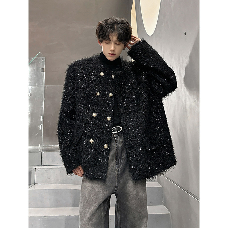 秋冬款轻奢痞帅高级感无领夹克上衣男韩版双排扣小香风外套毛毛绒