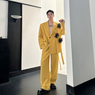 秋装设计师走秀款时尚小众明黄色飘带装饰痞帅西装直筒长裤两件套