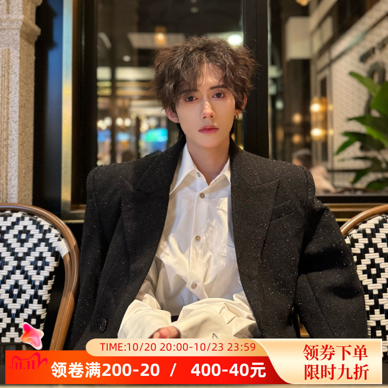 春装轻奢时尚亮片西装男垫肩上衣短款韩版高级感炸街痞帅西服外套